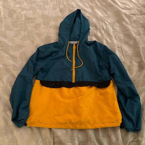 Men's Teal and Yellow Raincoat with Hood - Picture 1 of 3